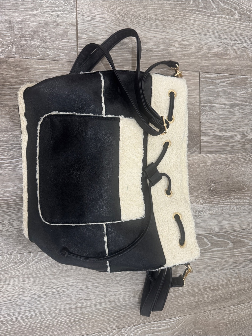 Women's Black and Cream Shearling-Trim Backpack Tote